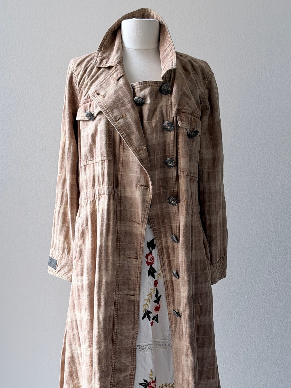 Aratta Neutral Plaid Long Trench Coat - Light Brown